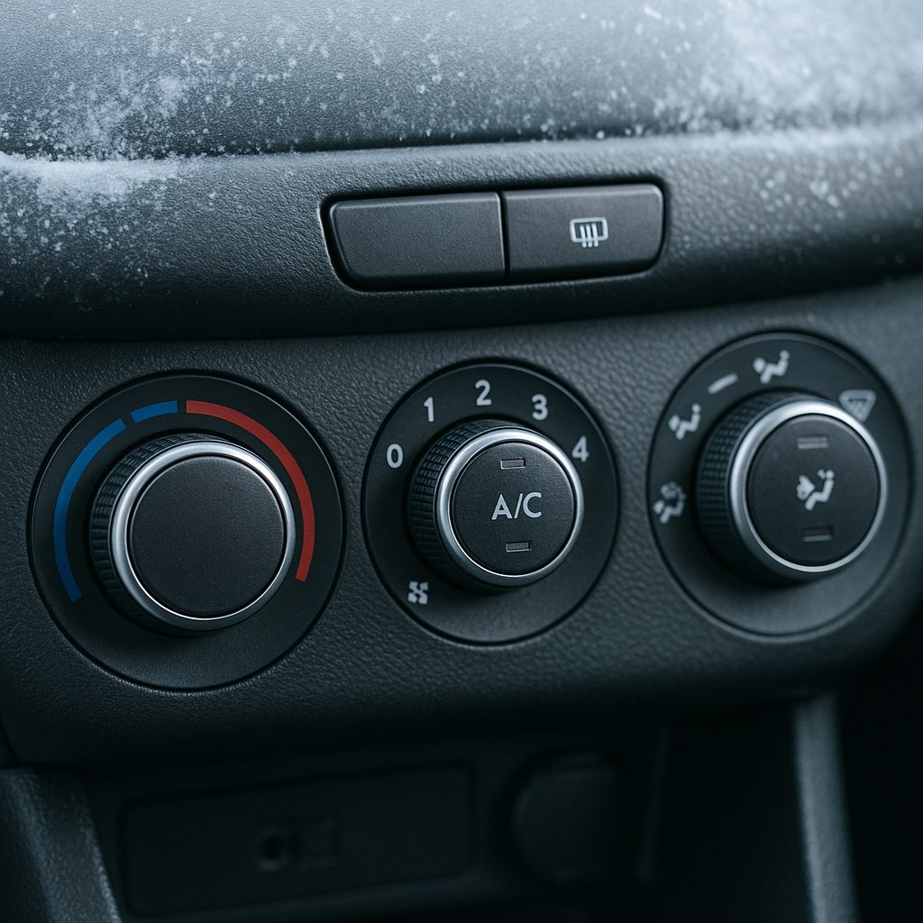 자동차 대시보드와 히터 송풍구 성에가 낀 모습